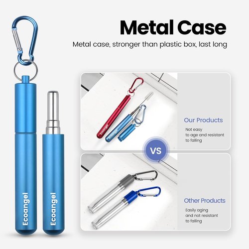 Ecoangel Reusable Collapsible Stainless Steel Drinking Straws - 4-Pack with Case & Cleaning Brush | Silver, Blue, Red, Green