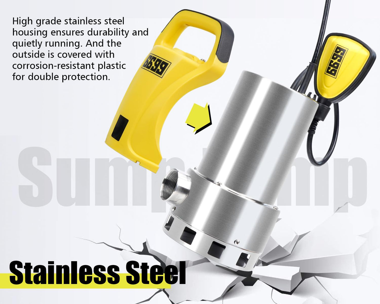 6699 1.5HP Sump Pump Submersible Water Pump with 25FT x 1-1/2” Backwash Hose Up to 6500GPH Stainless Steel Utility Pump Drain Water from Pool Basement Sump Pit Garden Pond Hot Tub SUB 6500SS KIT