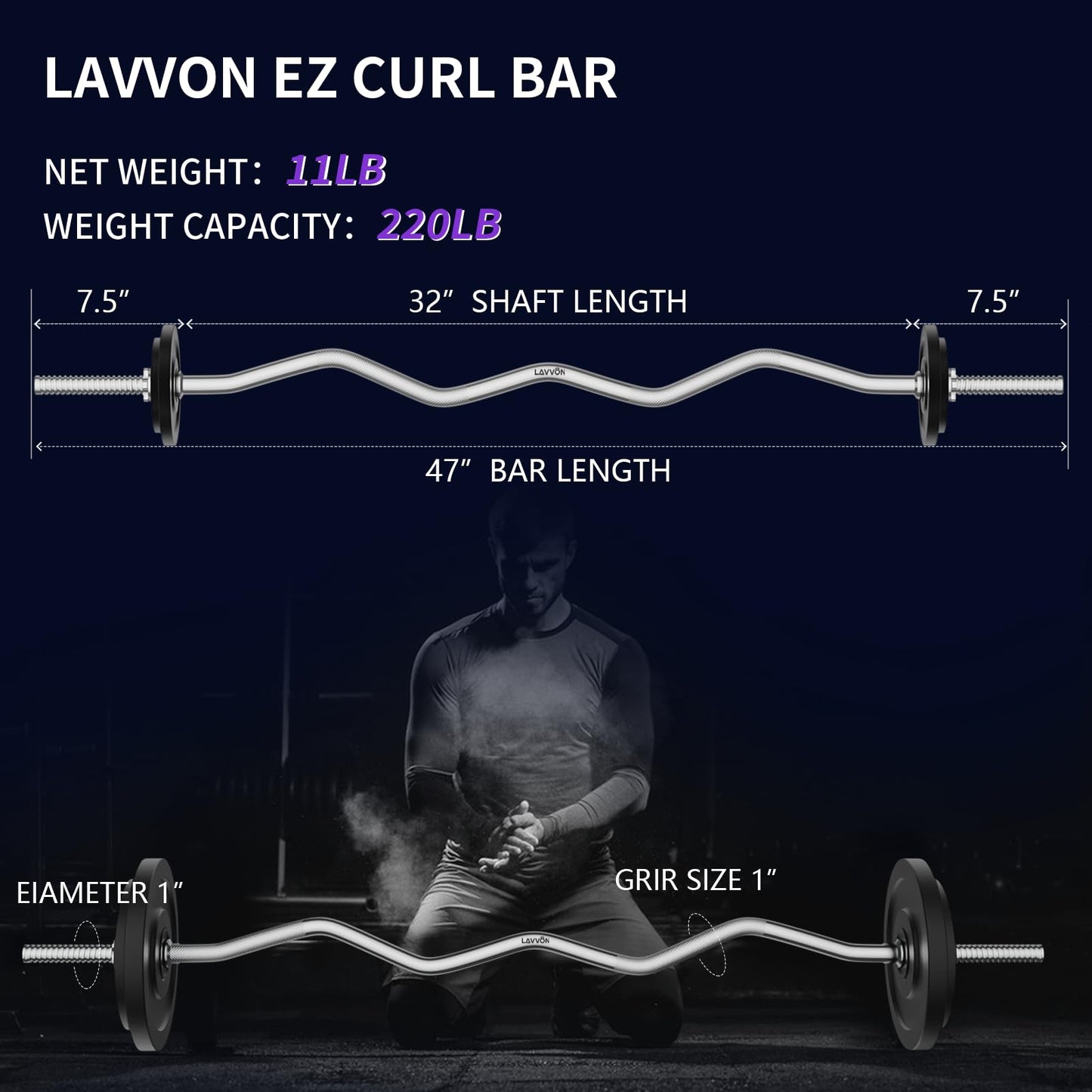 47" EZ Curl Bar Weight Lifting Bar, 1-inch Curling Bars for Weight lifting, Barbell bar for Hip Thrusts/Squats/Lunges for Gym and Home, With 2 Star Double Risk Star-nuts (220lb Weight Capacity) (Silver)