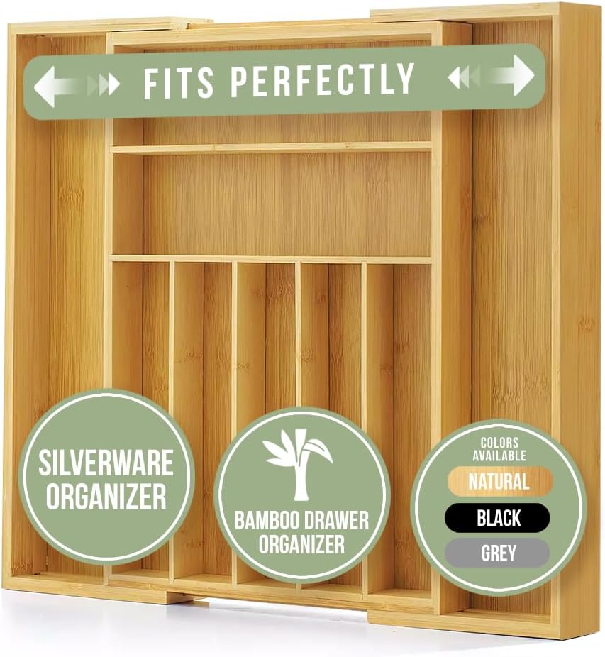Purawood Bamboo Drawer Organizer - Expandable Cutlery Tray with Dividers | 7-9 Slot Kitchen Utensil Organizer (Natural)