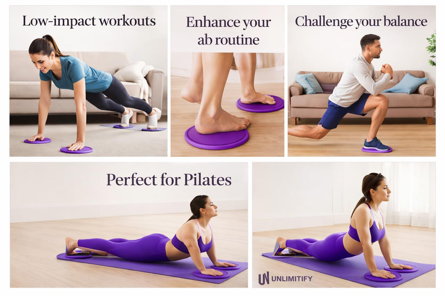UNLIMITIFY Core Sliders for Carpet & Hard Floors – Dual-Sided Exercise Discs for Home Workouts, Pilates & Ab Training, Smooth & Carpet Gliding Design with Storage Bag (Purple)