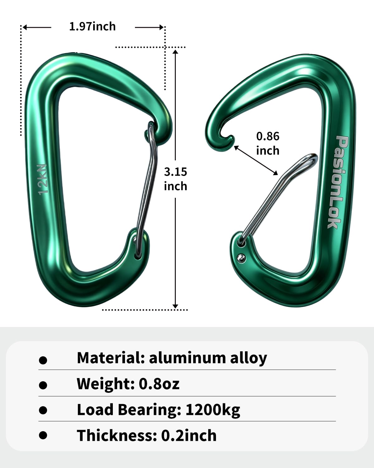 PasionLok Carabiner Clips Heavy Duty 12KN, 2 Pack Aluminum Carabiner Keychain, Small D Ring Hook for Hammock Camping Essentials, Backpack Key Ring Clip, Dog Leash, Multi Color