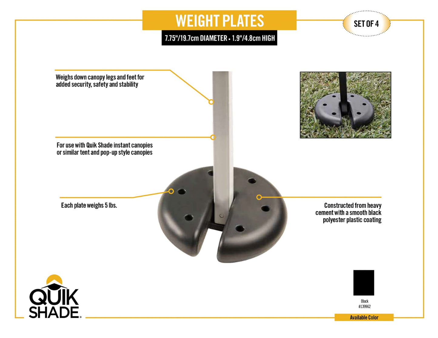 Quik Shade Set of 4 Heavy Duty Weight Plates for Securing Instant and Pop-Up Canopies and Tents,Black