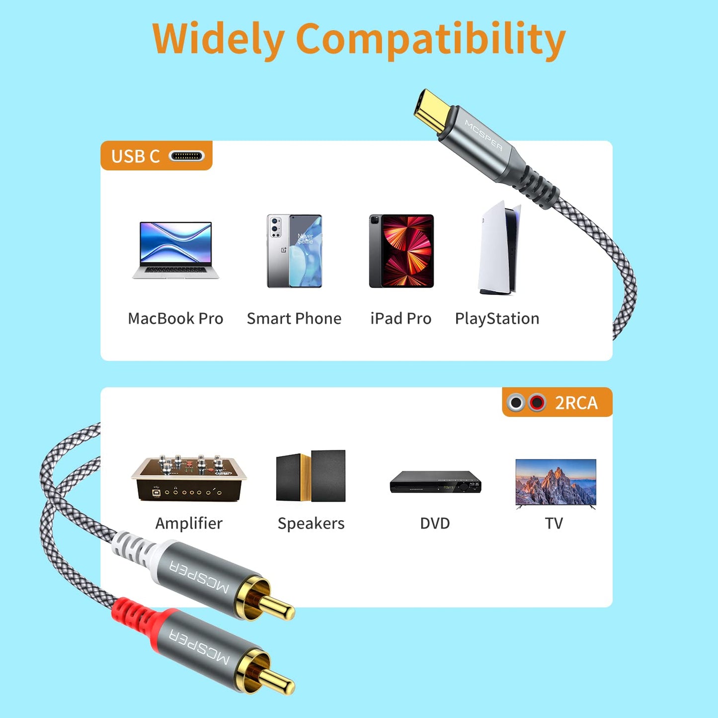 MCSPER 2 6.6 2RCA S23/S22/S21 USB C to RCA Audio Cable, Ft Type-C to RCA Male to Male Y RCA Splitter, Jack USB-C Audio