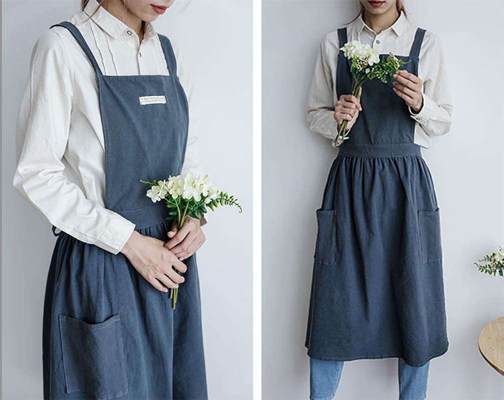 losofar Women Girls Vintage Apron Adjustable Gardening Works Cross Back Cotton/Linen Blend Aprons Pinafore Dress with Two Pockets (greengrey, 39"x 59")
