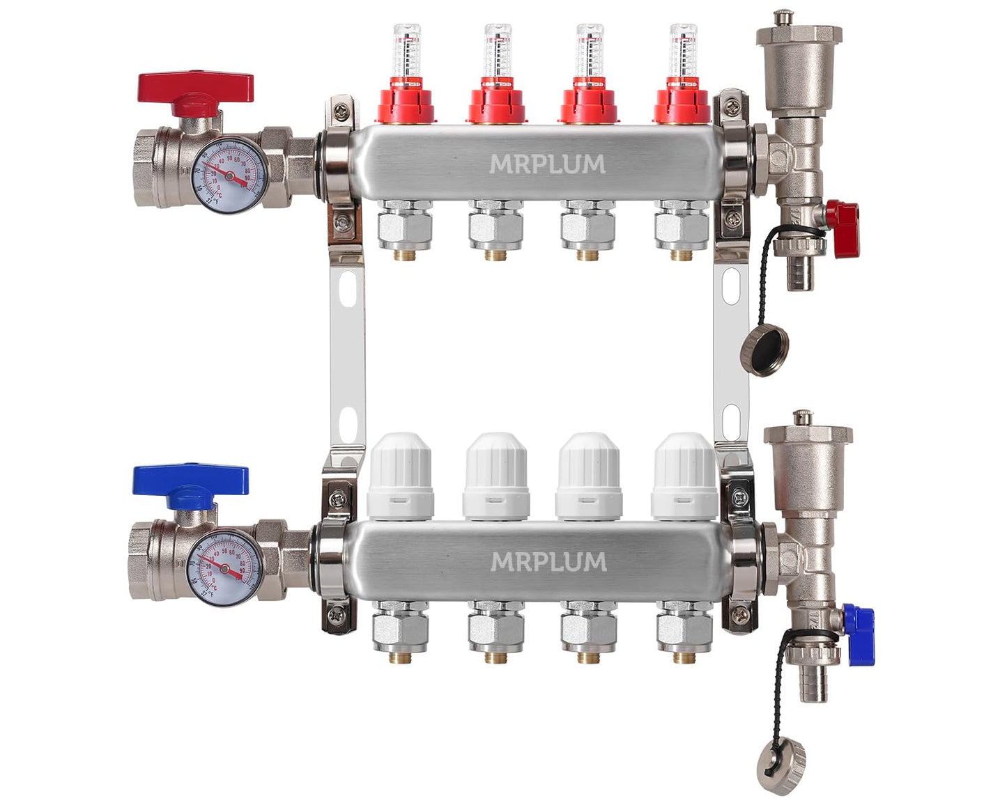 4-Branch Radiant Heat Manifold,MRPLUM Stainless Steel PEX Manifold with Compatible Outlets for Hydronic Radiant Floor Heating (1/2" Adapters included)