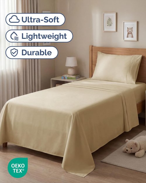 Comfy Twin Size 3 Piece Sheet Set by [Brand Name] - Breathable, Cooling & Ultra-Soft Bedding - Deep Pockets, Wrinkle-Free - Oeko-Tex Certified, Beige