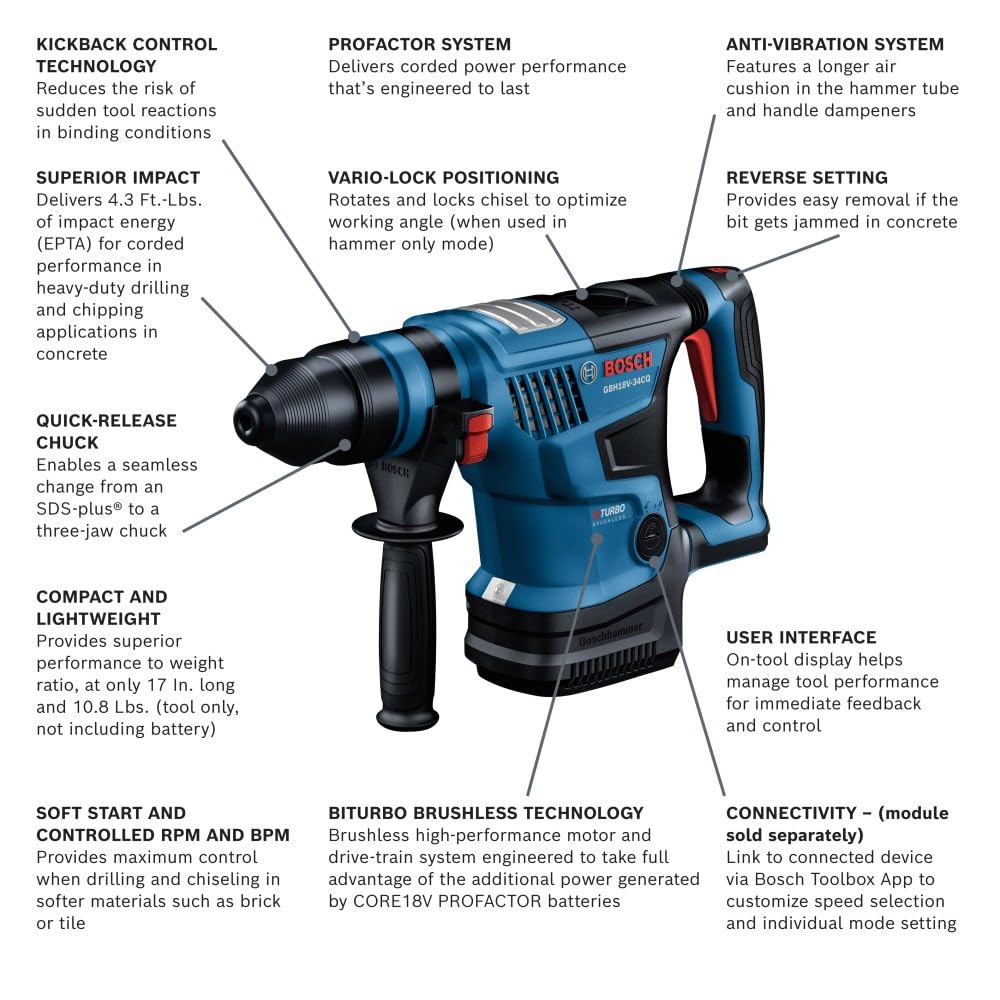 BOSCH GBH18V-34CQN PROFACTOR™ 18V Connected-Ready SDS-plus® Bulldog™ 1-1/4 In. Rotary Hammer (Bare Tool)
