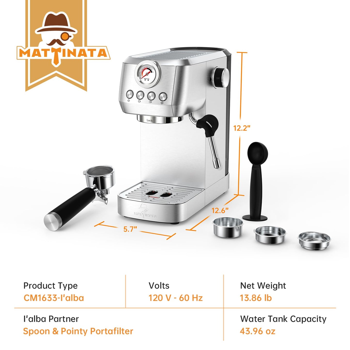 MAttinata Espresso Machine 20 Bar, Espresso Coffee Maker with Professional Milk Frother Steam Wand for Cappuccino & Latte, 49oz Removable Water Tank for Home, Stainless Steel