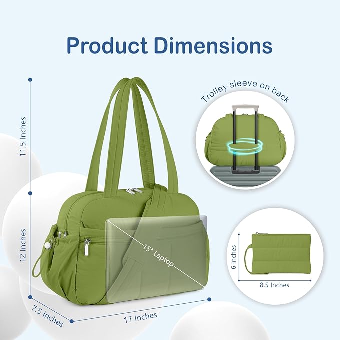 TOPDesign Travel Duffel Bag for Women, Puffer Gym Bag Sports Tote with Wet Pocket, Carry On Weekender with Luggage Sleeve (Green)