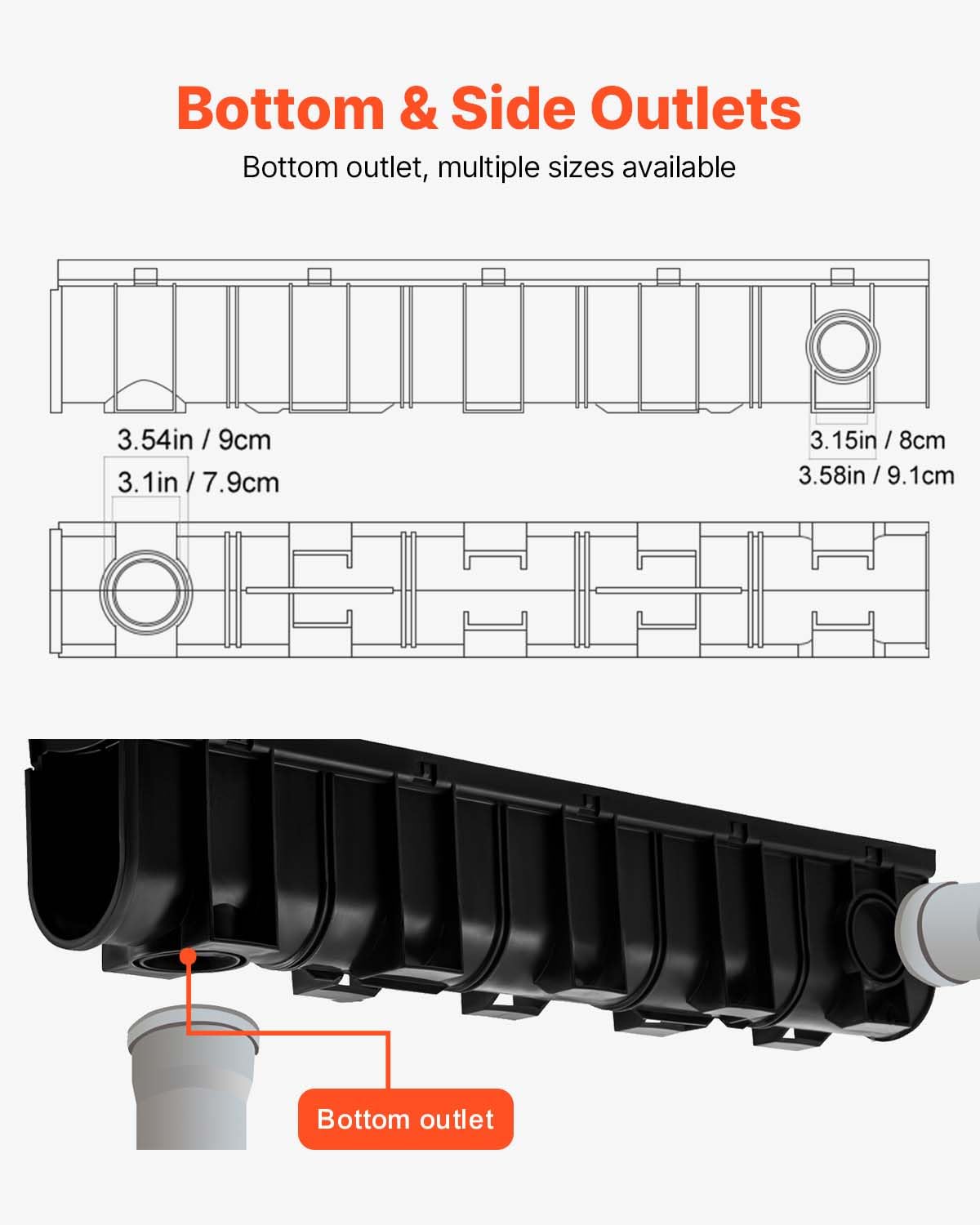 VEVOR Trench Drain System 4 Pack, Channel Drain with Plastic Grate 5.9 x 7.5 in HDPE Drainage Trench, Black Plastic Garage Floor Waterway 4 x 39 in with 4 End Caps for Garden Driveway