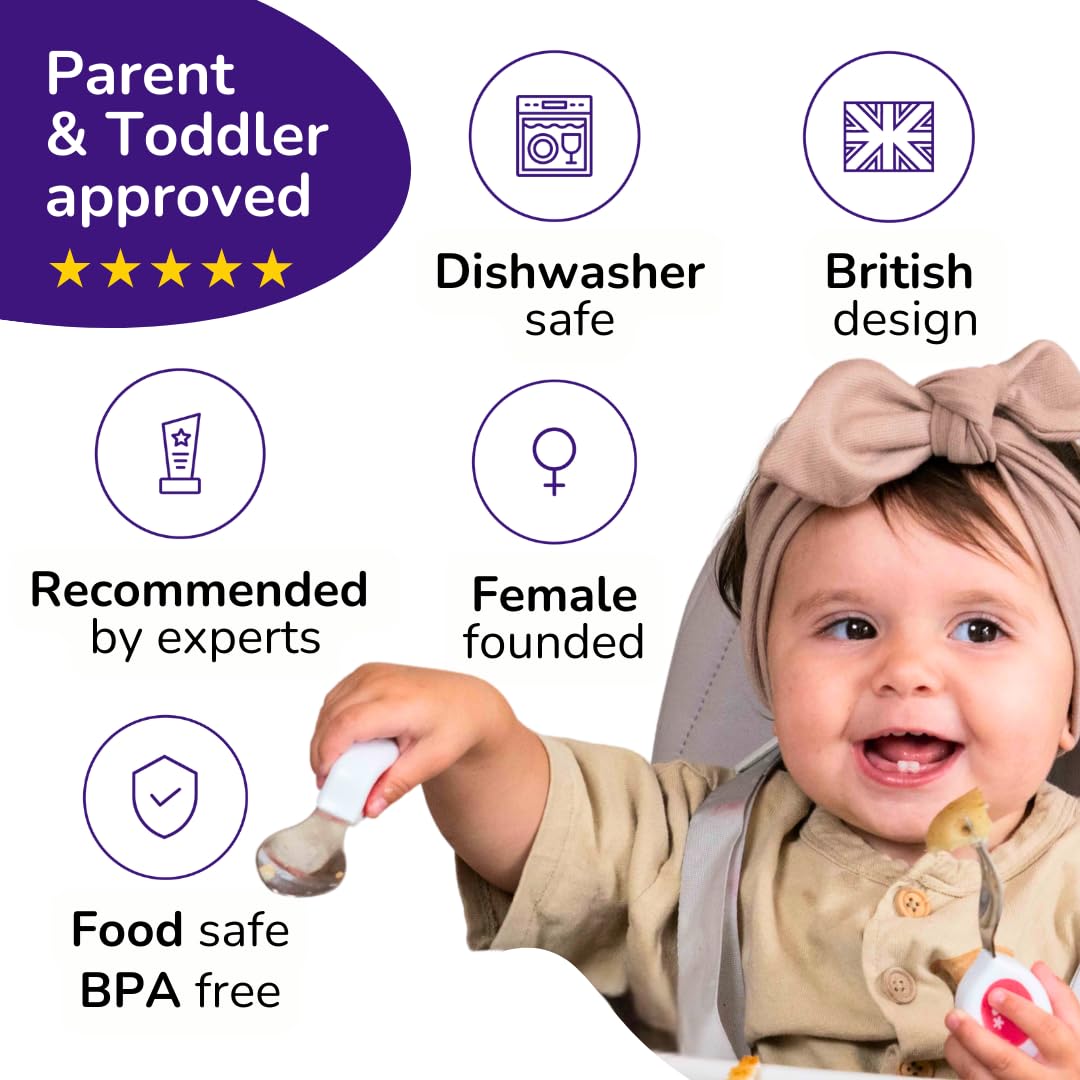 doddl Toddler Utensils, Ergonomic Fork Spoon and Knife Set for Self Feeding, Stainless Steel Silverware for 1-3 Year Olds, BPA Free, Dishwasher Safe (Magenta)