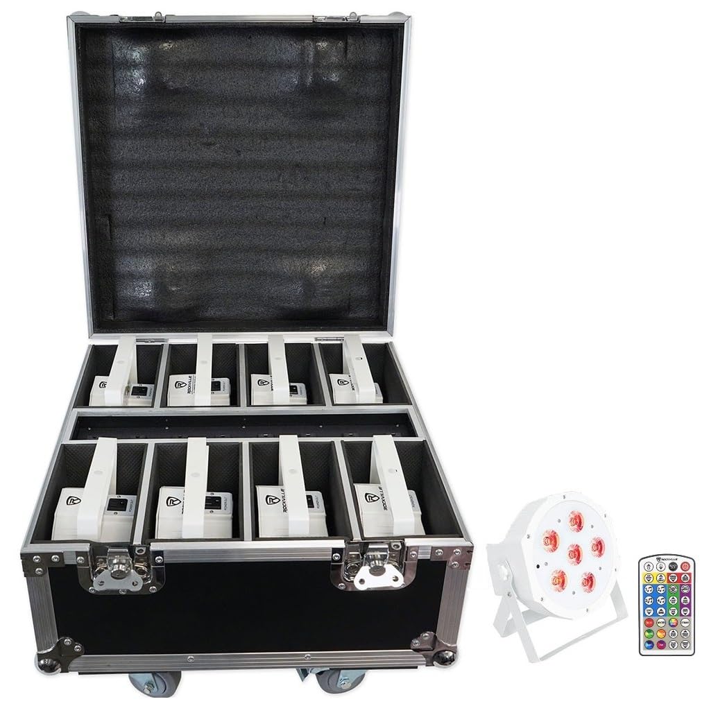Rockville Battery Par Pack 61 8 RGBWA+UV Battery-Powered Par Lights with Charging Flight Case, DMX & IR Remote, 15-Hour Battery, Master/Slave Mode, Strobe & Sound Activation for Events & DJ (White)