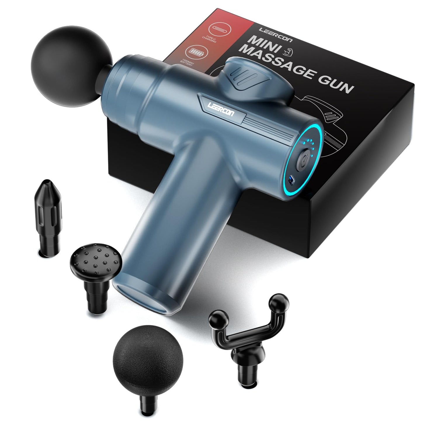 LEERCON Small Massage Gun Handheld Deep Tissue Massager Gun for Pain Relief- 6 Speeds, 4 Heads, Ideal Gift for Men & Women (Blue)