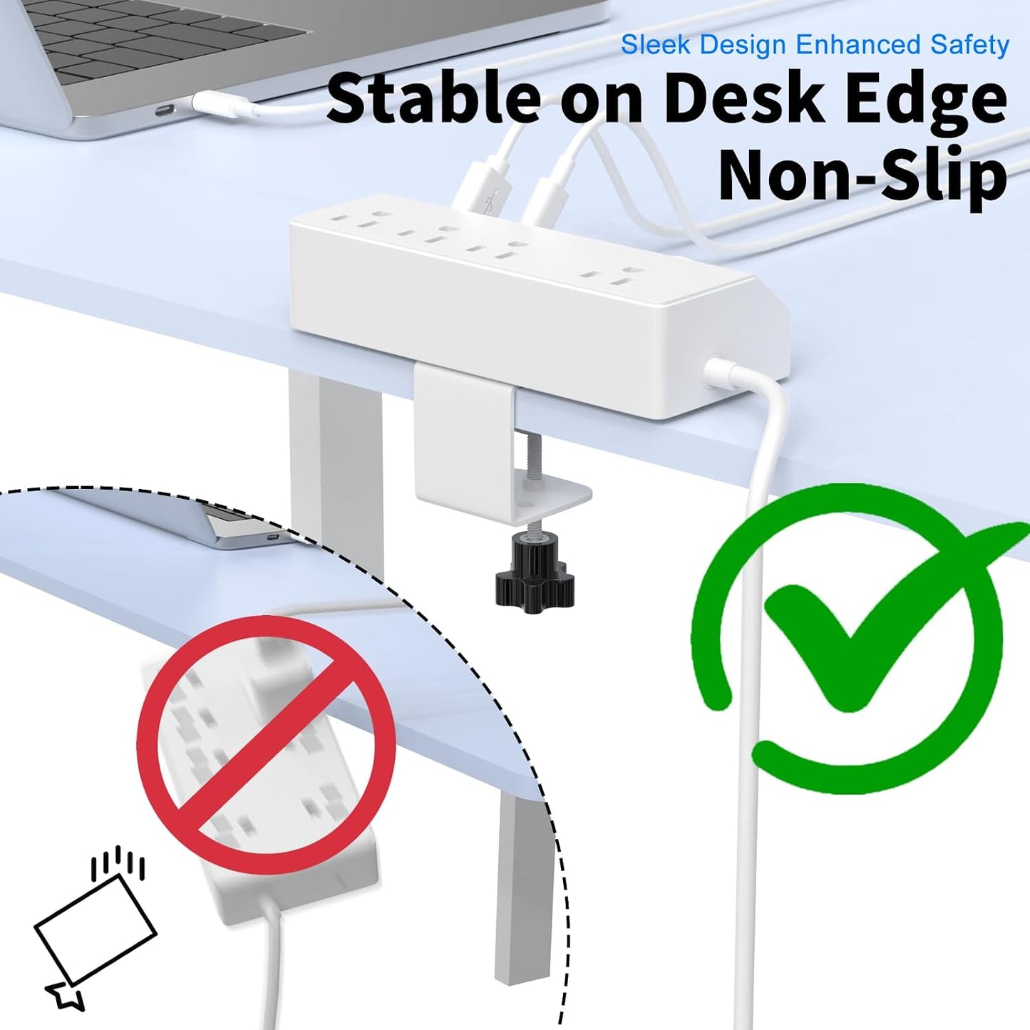 colstar 20W 10FT Desk Clamp Power Strip with USB, USB C Fast Charging, Clamps Securely to Desk Edge, Flat Plug