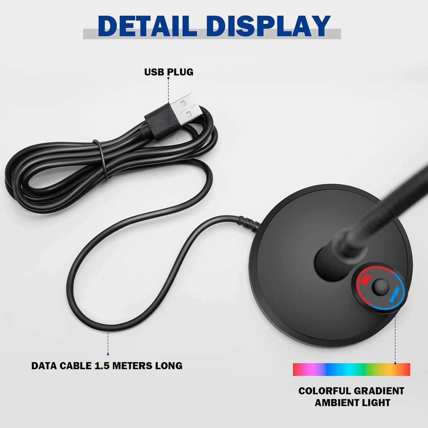 Futurtecer PS5, (1.5m RGB USB Condenser Microphone, Plug & Play Desktop PC Mic with Mute Button, Flexible Gooseneck