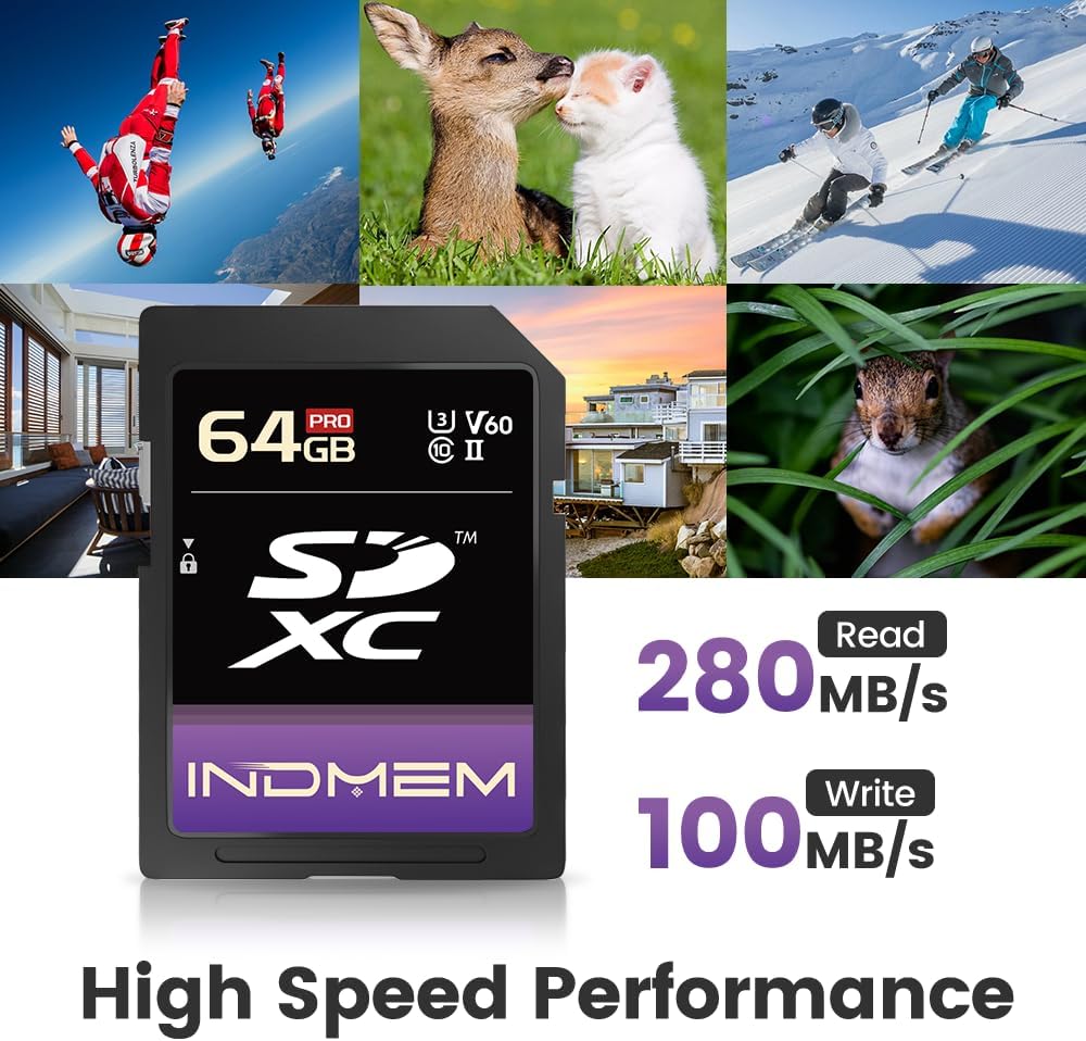 elecacc 64GB V60 U3 280MB/s, V60 4K/6K SD Card UHS-II SDXC Memory Card, High Speed Read up to Memory Cards