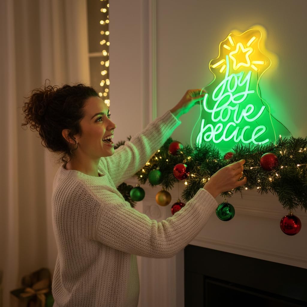 Skiennix Christmas Tree Neon Sign - USB Powered LED Wall Decor for Peace, Love & Joy | Holiday Gift