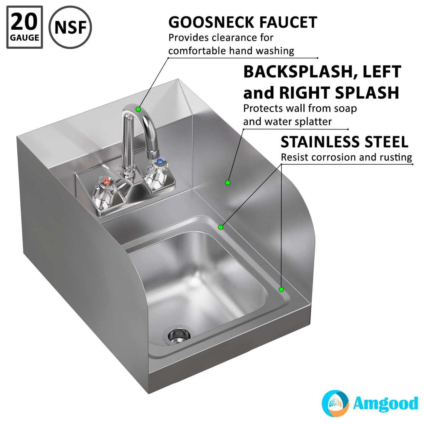 AmGood Stainless Steel Wall Mount Hand Sink | NSF | Commercial Hand Washing Basin For Restaurant, Kitchen and Home (12" x 16" with Sidesplash)
