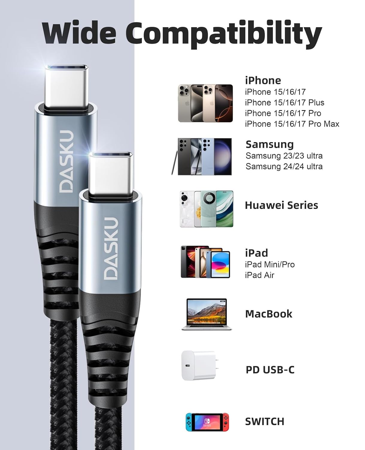15FT 100W 1Pack, 17/16/15/Pro S23/Switch/More USB C to C Cable Extra Long USB C Cable Fast Charging,USB C to USB C