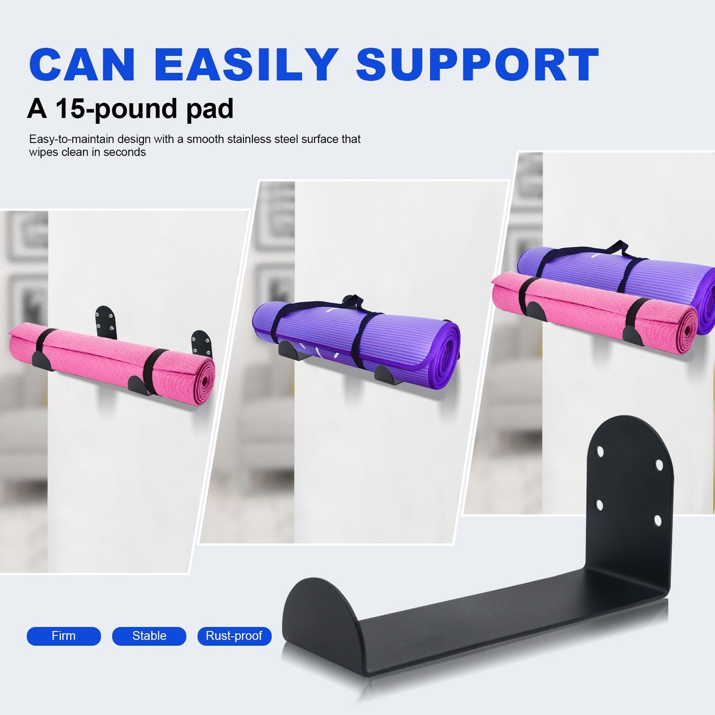 Yoga Mat Holder Wall Mount, 2-Pack Space Saving Yoga Mat Rack for Small Home Gym Storage, Stainless Steel Wall Holder for Yoga Mats, Foam Rollers & Workout Accessories