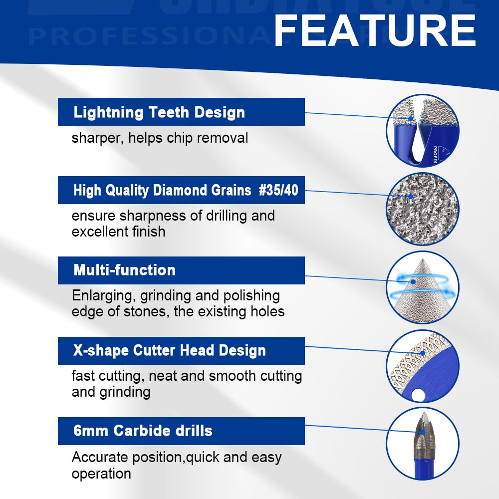 SHDIATOOL Diamond Tile Drill Bits Kit 15pcs, Porcelain Hole Saw Sets, Core Bits Cutter for Drilling Ceramic Marble Granite (6/8/10/20/25/35/50/75/100/20MM/2/SDS/HEX/6MM/4.5”)