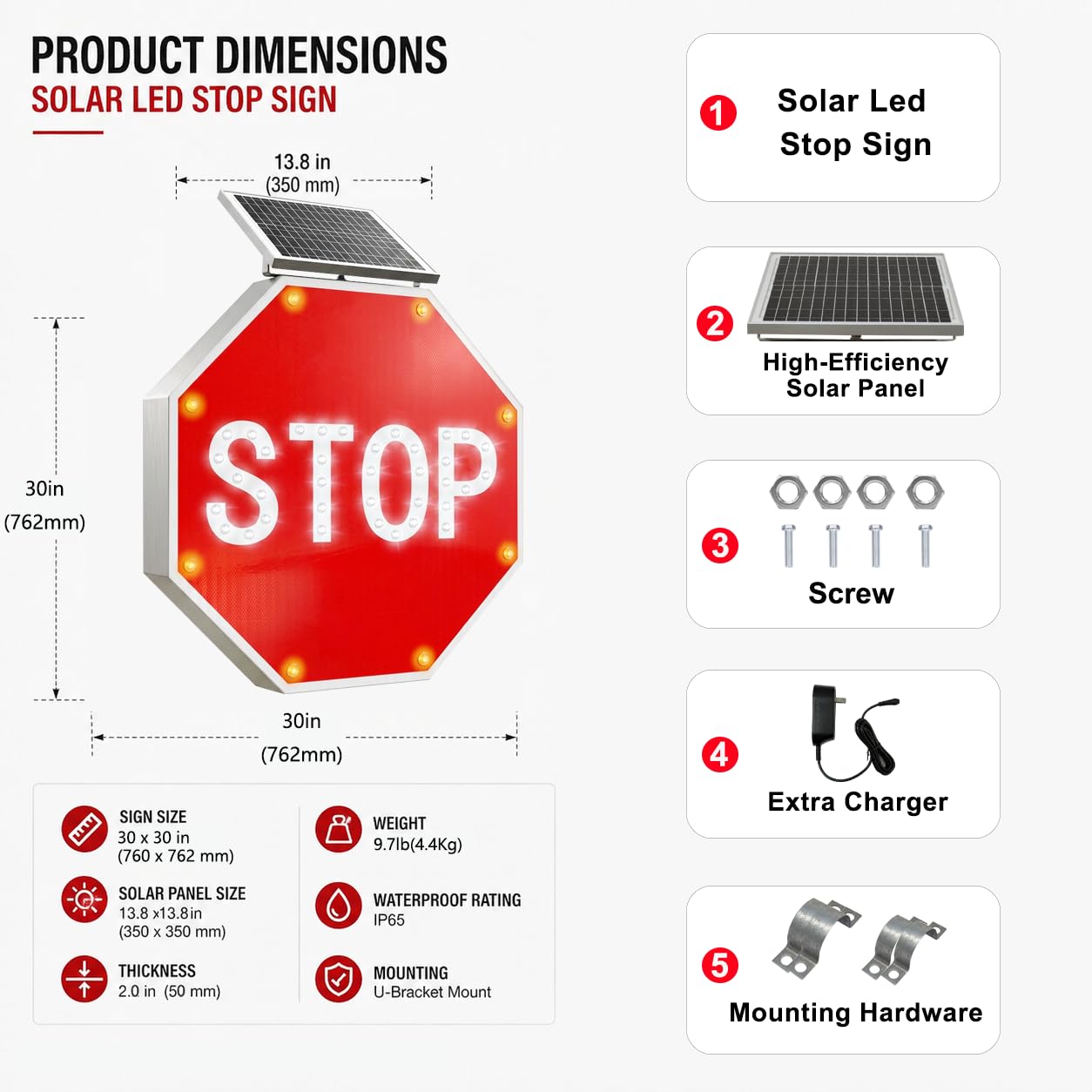 GAJTTR 30in Solar Powered LED Flashing Stop Sign, MUTCD Compliant Traffic Stop Sign with 44 Blinking LEDs,Engineer Grade Reflective Film, Heavy Duty Aluminum Metal Frame Blinking Road Warning Sign for Construction Area,School,Community,Farm Road (Red)