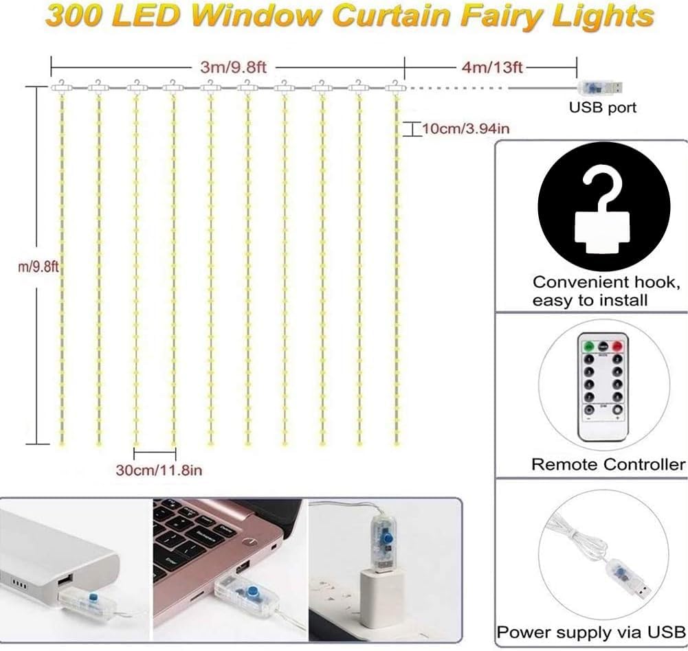 Skiennix Curtain Lights - 300 LED Twinkle String Lights for Bedroom & Wedding Decor | 9.8x9.8 Ft with Remote Control