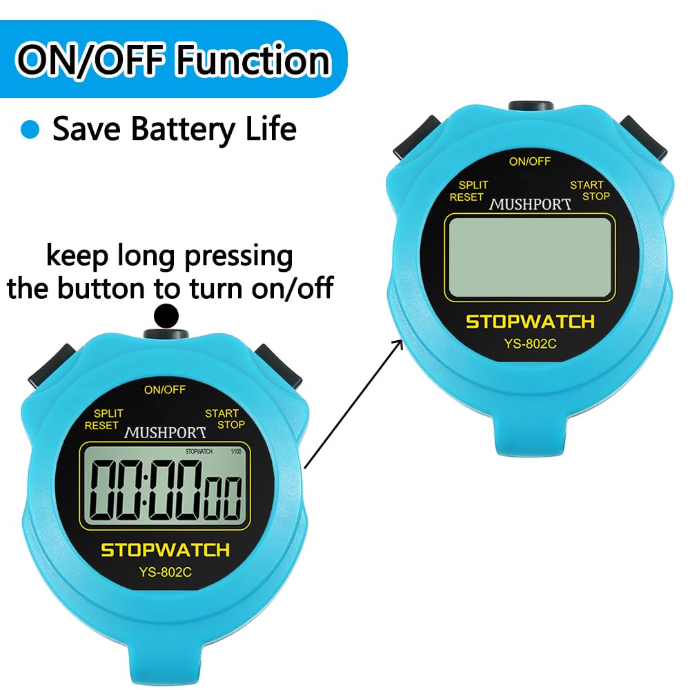 MUSHPORT Stopwatch Timer Only Stopwatch Mode, ON/Off Silent Large Display Simple Operation, Without Clock Date Countdown, Digital Stop Watch for Sports Kids Coaches, Blue