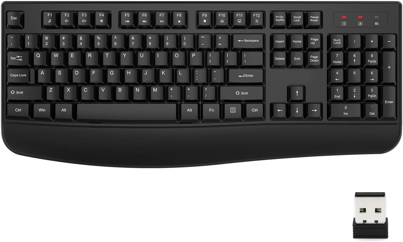 EDJO 2.4G Wireless Keyboard, Ergonomic Full Size Wireless Computer Keyboard with Wrist Rest for Windows, Mac OS