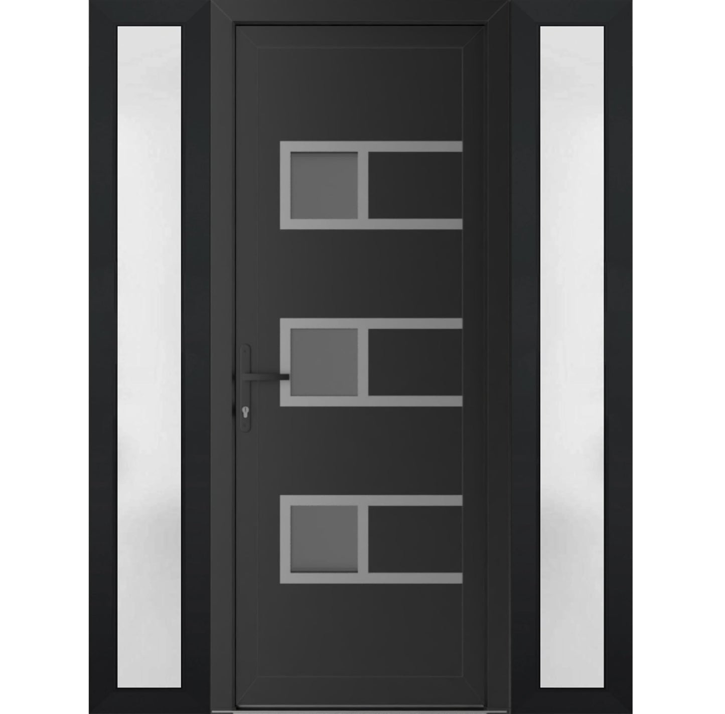VDOMDOORS Front Exterior Prehung Metal-Plastic Door Frosted Glass | Manux 8933 Matte Black | 2 Side Sidelite Transoms | Residential Doors Entrance Patio Garage 60 x 80 (W14+32+14 x H80) Right-Inswing