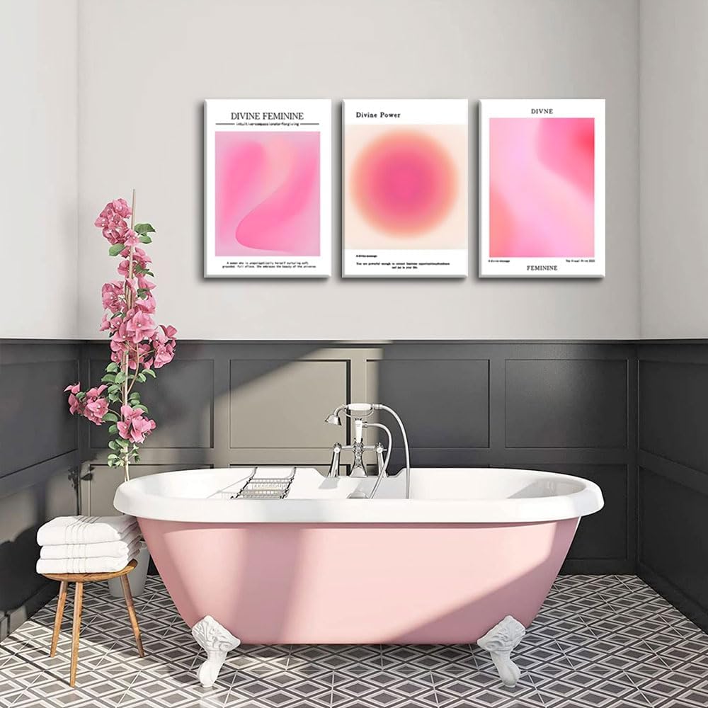 Skiennix Canvas Wall Art Set of 3 - Pink Gradient Aura Angel Posters | Framed 12x16 Inch Decor for Bedroom & Living Room