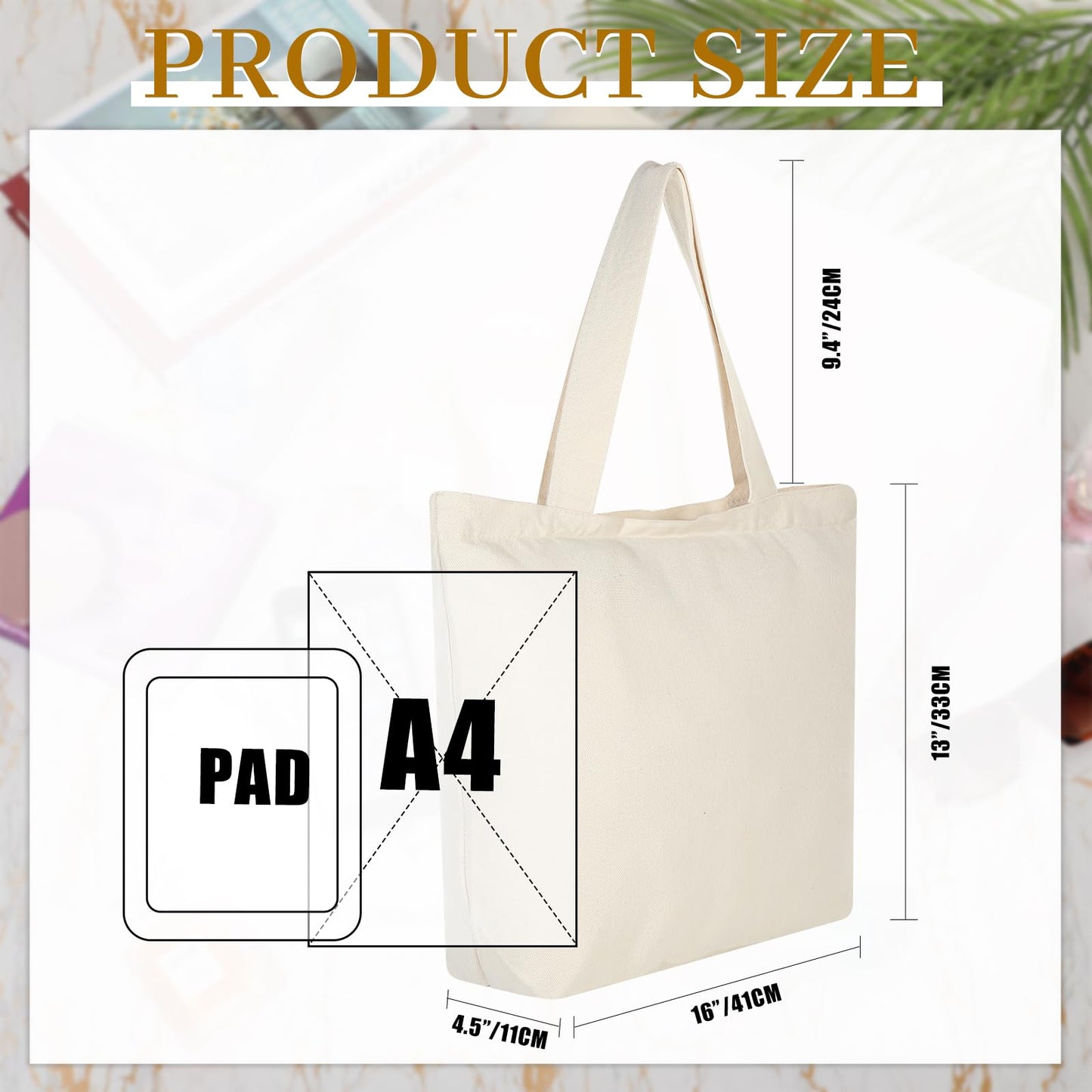 Epakh Canvas Tote Bag with Zipper - Bulk Reusable Large Blank Cotton Grocery Shopping Tote for Women Men DIY Crafting(16.5 x 3.9 x 13.4 Inch,Beige,8 Pack)