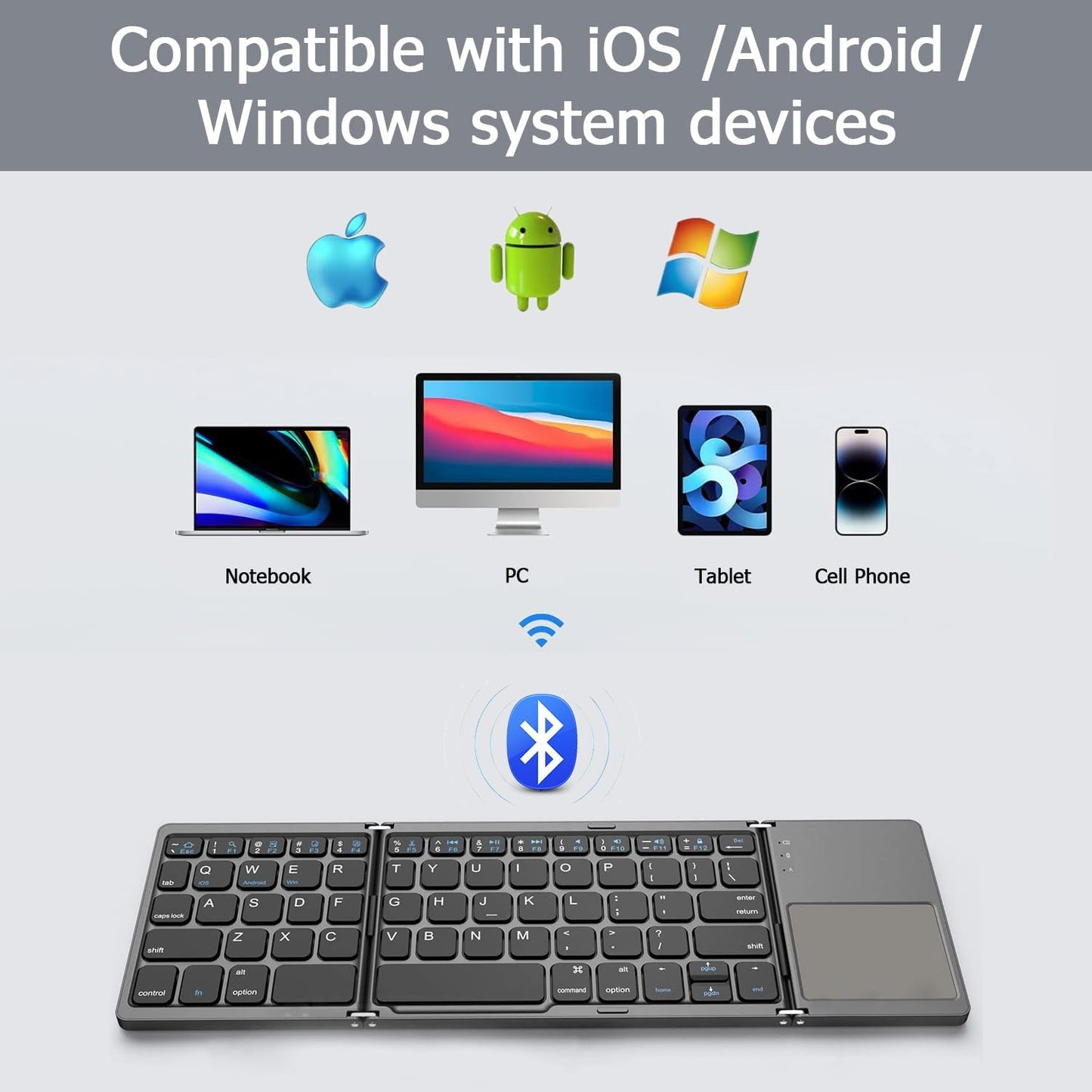 KUNSI Foldable Bluetooth Keyboard with Touchpad, Ultra Slim Portable Wireless Keyboard with Rechargeable Battery