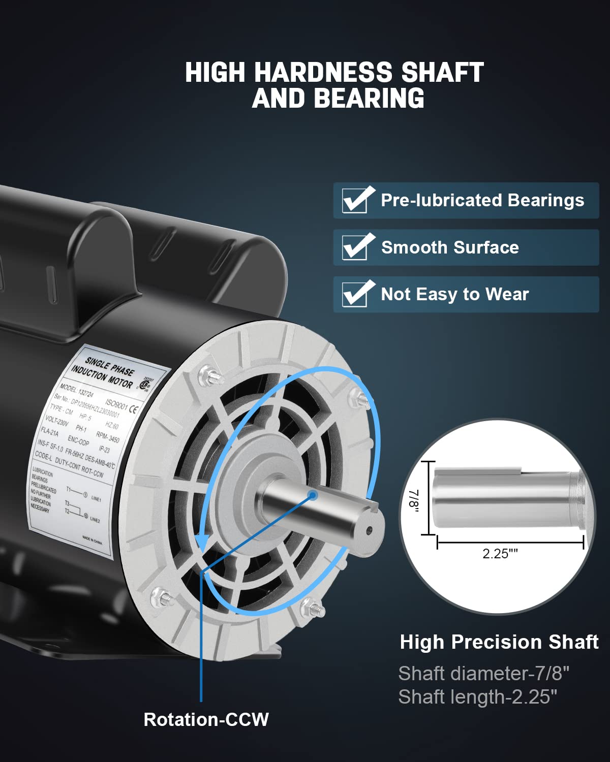 5 HP Air Compressor Electric Motor, 230V Air Compressor Motor 3450 RPM, Single Phase Motor, 56HZ Frame 7/8" Keyed Shaft for Air Compressor