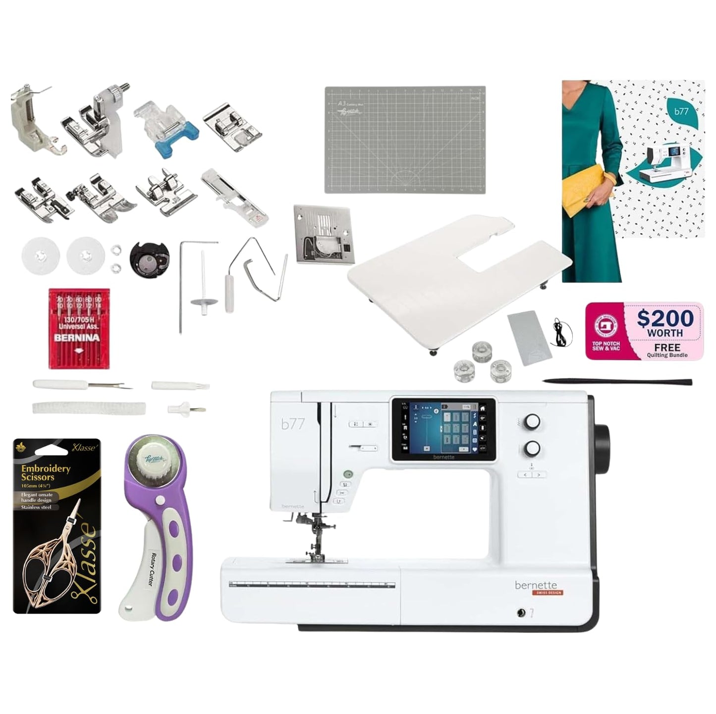 Bernette B77 Computerized Sewing Machine | Heavy Duty, Quilting & Embroidery Kit with Extension Table, Presser Feet, Bobbins, Thread Spools, Needles, Rotary Cutter, LCD Display & $200 Bonus Bundle