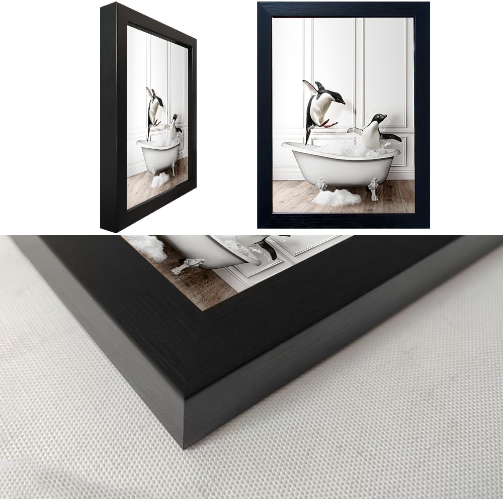 Skiennix Kids Bathroom Wall Art - Cute Penguins in Bathtub Canvas Print | Black & White Decor
