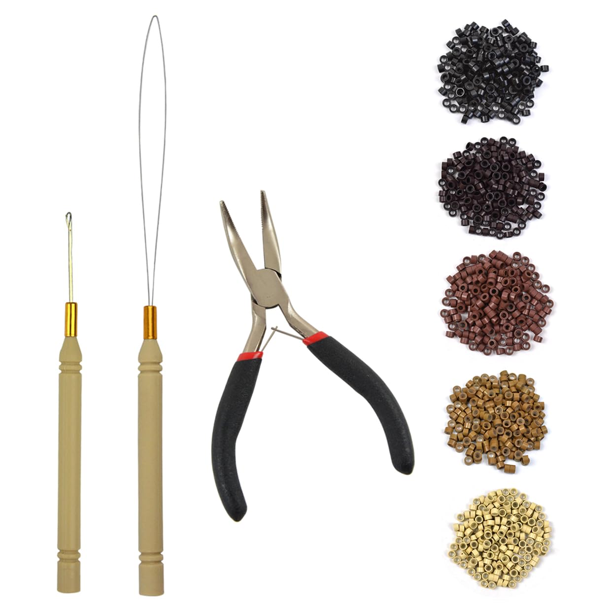 Hair Extensions Tool Kit Black Hair Pliers Pulling Hook Bead Device Tool Kits and 500 Pcs 5 mm Micro Links Rings Beads (Black)