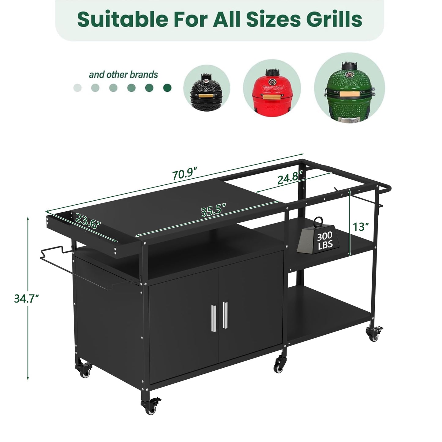 Mobile Grill Cart Compatible with Big Green Egg, Heavy Duty Metal Grill Table for Large/Medium Ceramic Charcoal Grills, Outdoor Kitchen Island Prep Station with Storage Cabinet, 6 Wheels