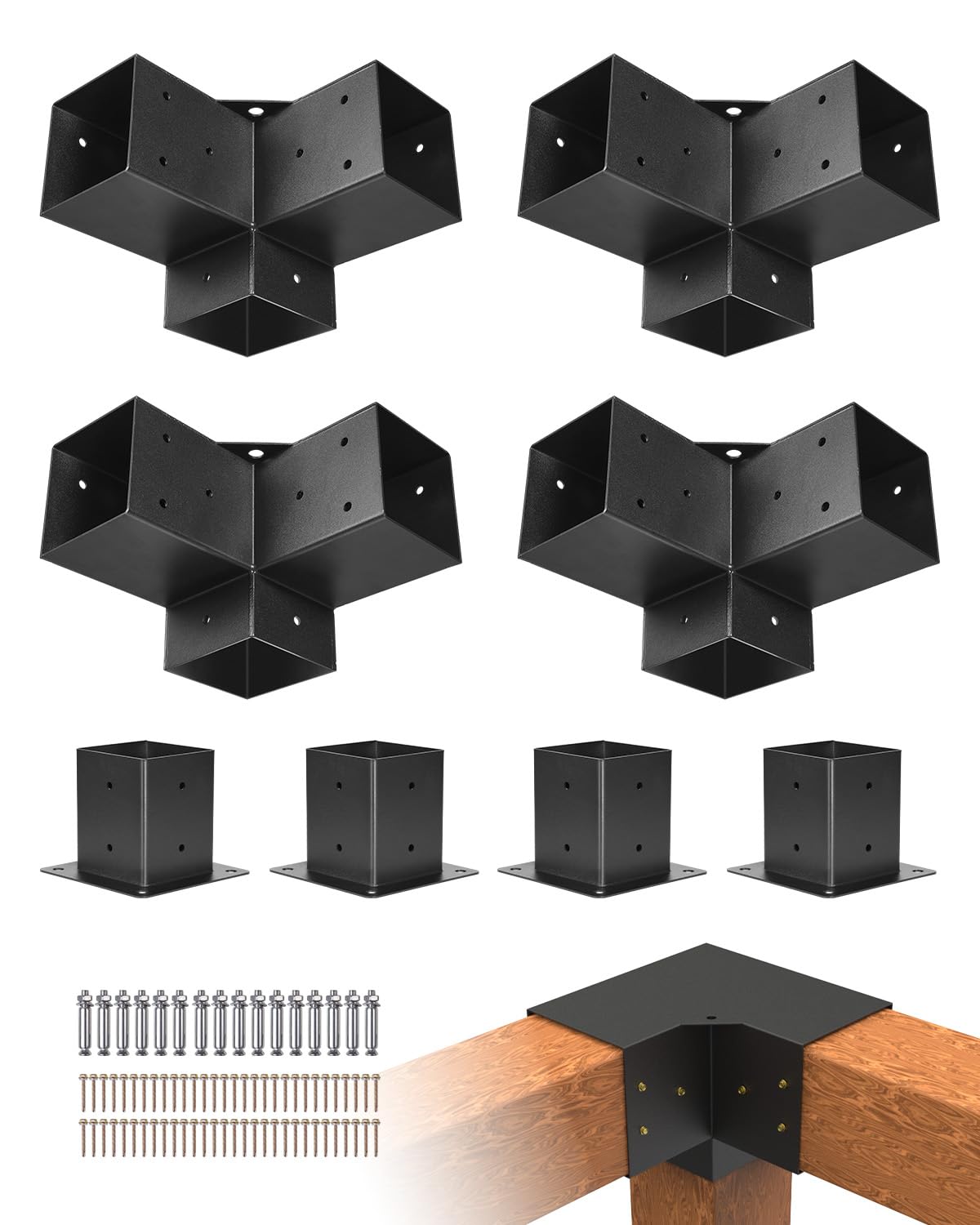 VEVOR Pergola Kit 4-Pack, T-Shaped 4x4 (Actual 3.5x3.5 Inch), 3-Way Pergola Brackets DIY Woodworking Gazebo Bracket Kit with Screws for 3.5x3.5 Inch Wood Beams in Actual Size for Outdoor Party Banquet