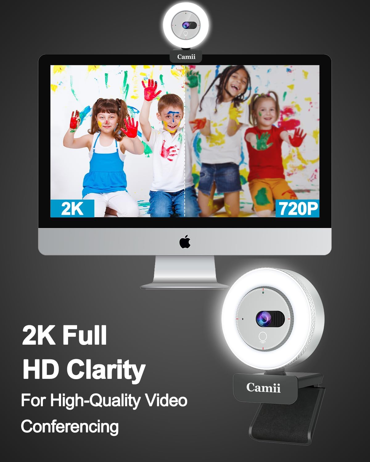 Camii 2K Webcam with Light, HD Webcam for PC with Built-in Privacy Cover, Adjustable Brightness, Noise Reduction Mics