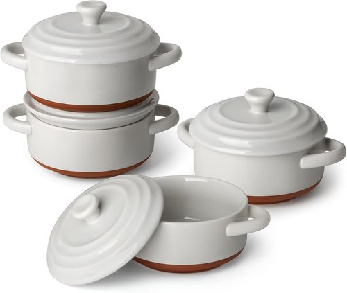 MALACASA Mini Cocotte Set - 12 OZ Ceramic Ramekins with Lids & Handles | Set of 4, Khaki Grey, Oven Safe