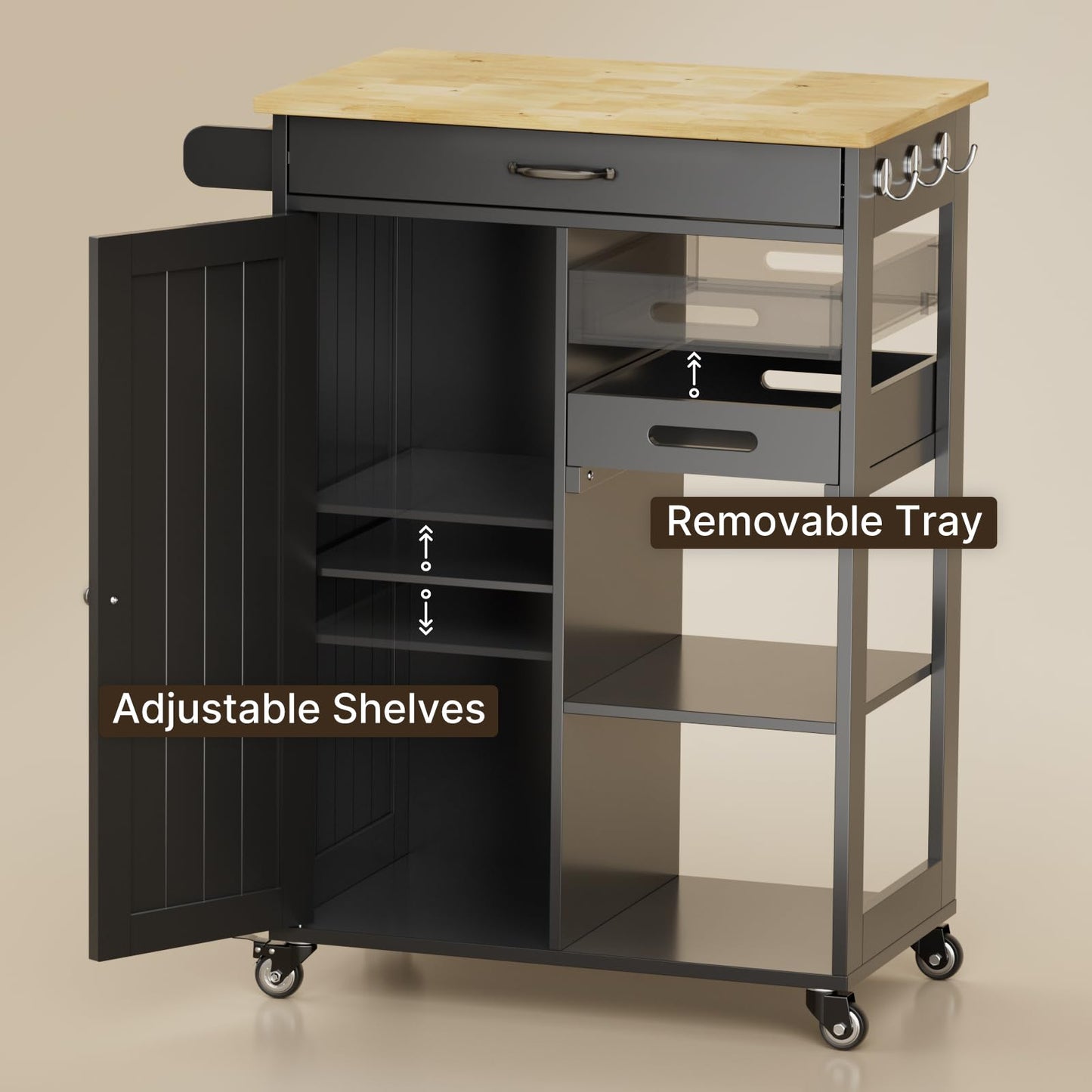 Gizoon Kitchen Island Cart with Solid Wood Top, Rolling Serving Utility Trolley Cart with Drawer, Cabinet, Towel Rack, Hooks and 3 Open Storage Shelves, Mobile Storage Cart for Dining Room, Bar, Black