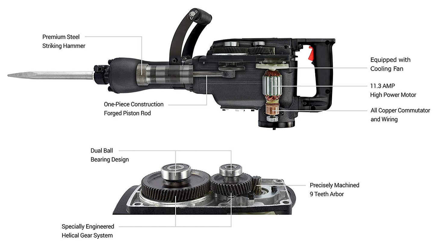 Neiko 02845A Electric Demolition Jack Hammer with Point and Flat Chisel Bits