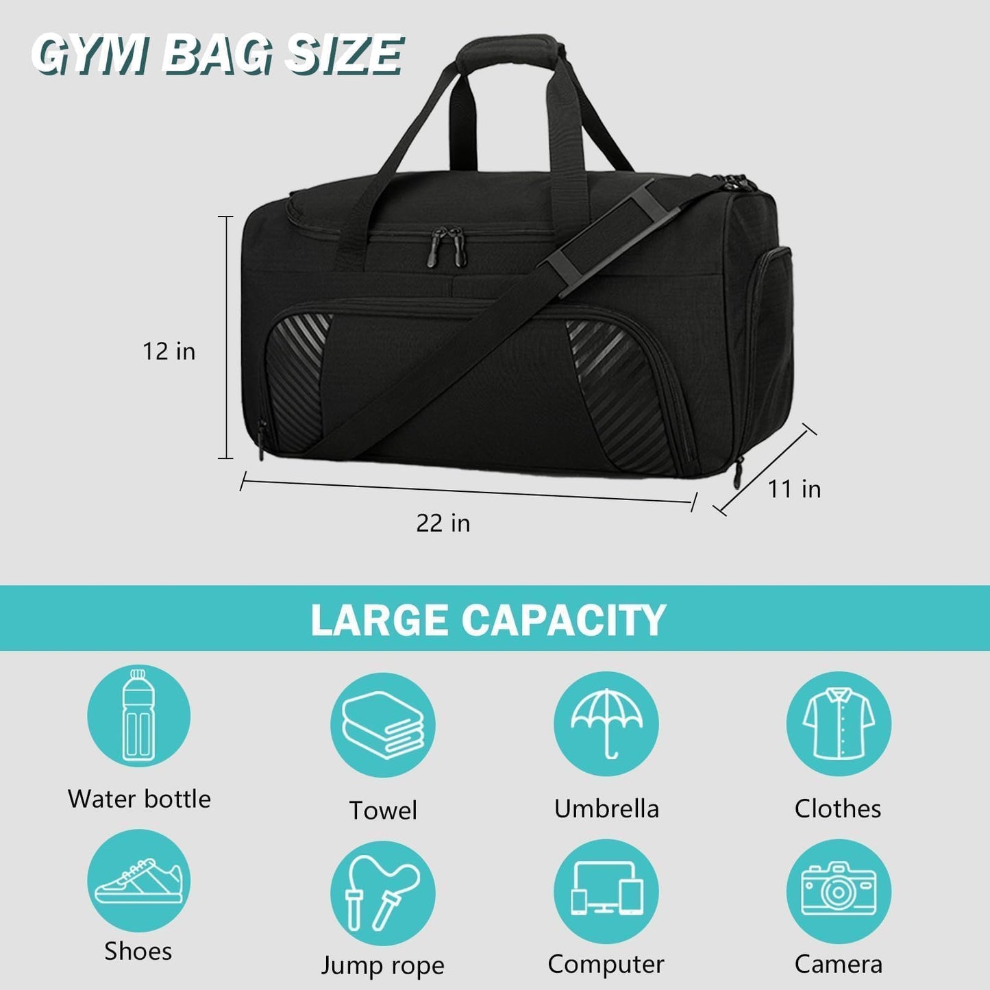 Urbanstand Gym Bag with Shoe Compartment - 50L Black Durable Large Duffle Bag for Travel, Weekender Carry On Duffel Bag for Men, Sports, Fitness & Workout