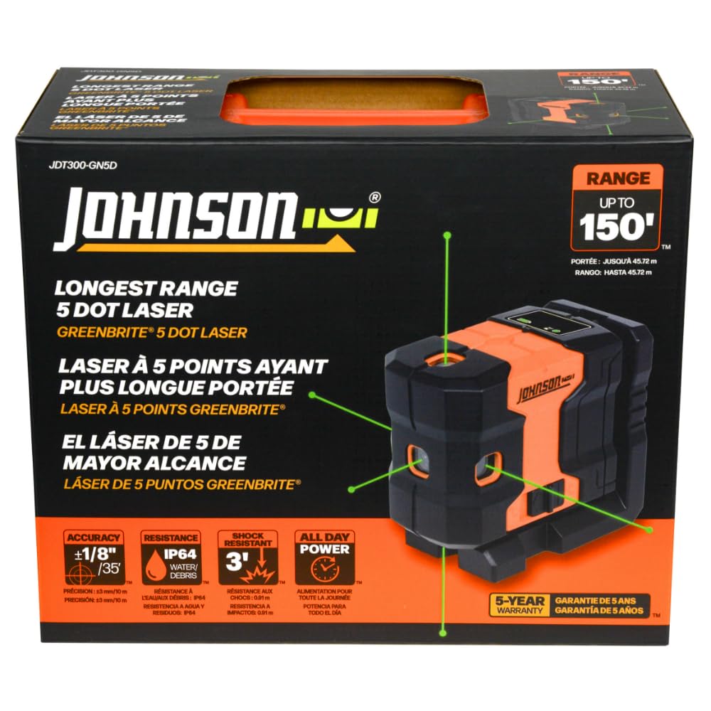 Johnson Level & Tool JDT300-GN5D Laser Level, Self-Leveling Kit 5 Dot Laser with GreenBrite® Technology, Magnetic Base, Hard-shell Carry Case, Floor Mount