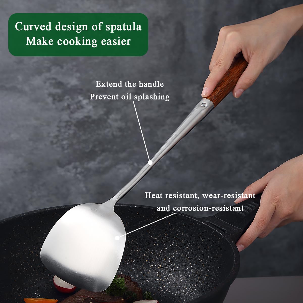Evanda Wok Spatula Set 17", Heat Resistant Wood Handle Stainless Steel Wok Tools, Ladle, Metal Spatula, Kitchen Skimmer, Professional Kitchen Cooking Utensils Set, Wok Accessories Dishwasher Safe