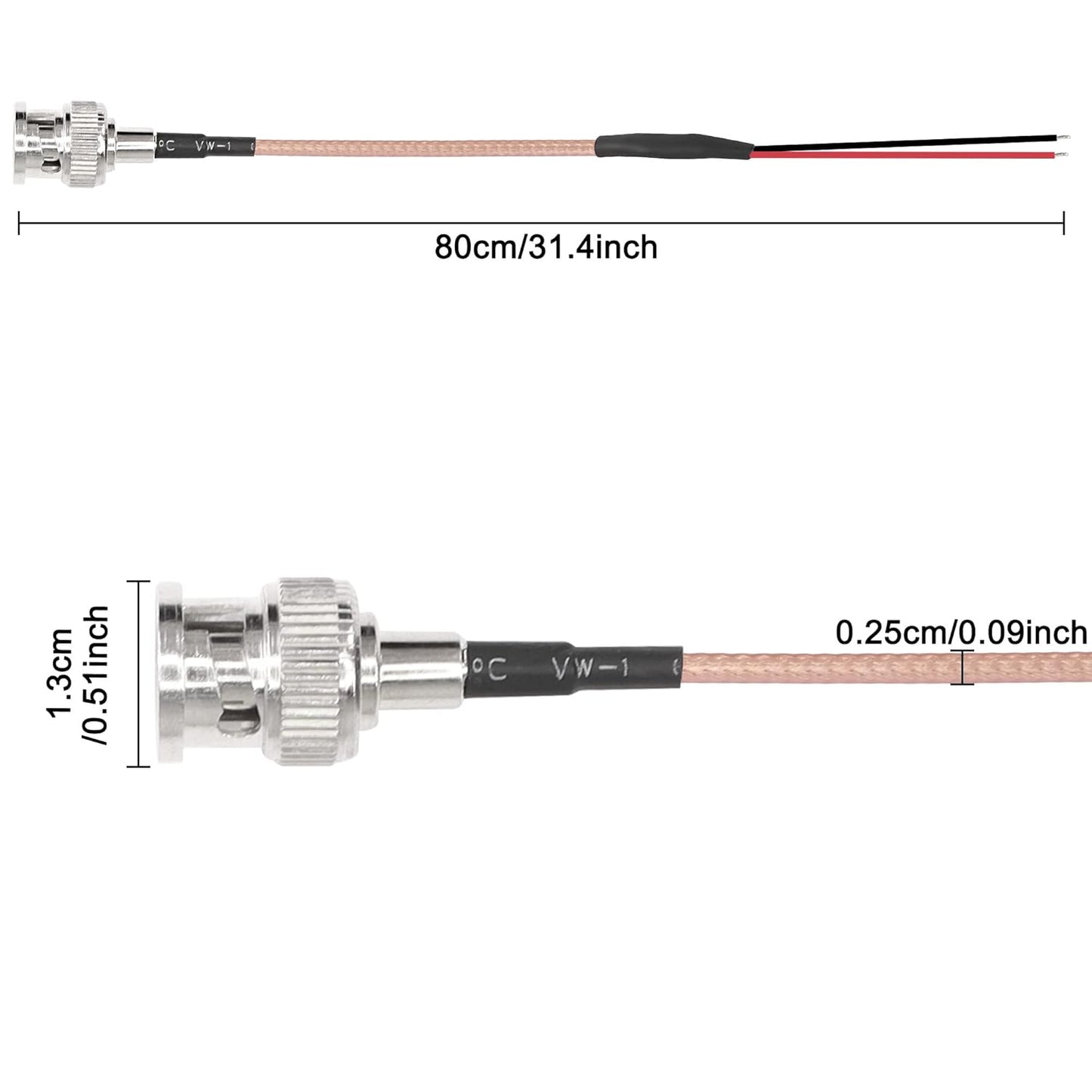 RG316 -0.8M/2.6FT 2PCS XMSJSIY BNC Pigtail Cable Bare Wire Coaxial Coax Antenna Open End Connector Adapter Extension