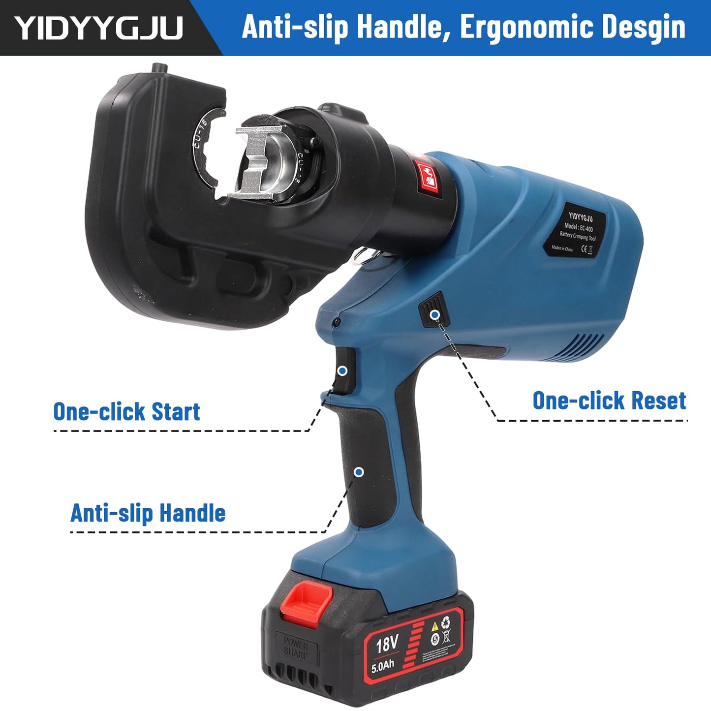 Hydraulic Crimping Tool 12TON Battery Powered 120KN 21V Lithium-Ion 360° Rotating Head for Confined Spaces 3-6 Sec Fast Crimping 6AWG-800MCM with 12 Dies