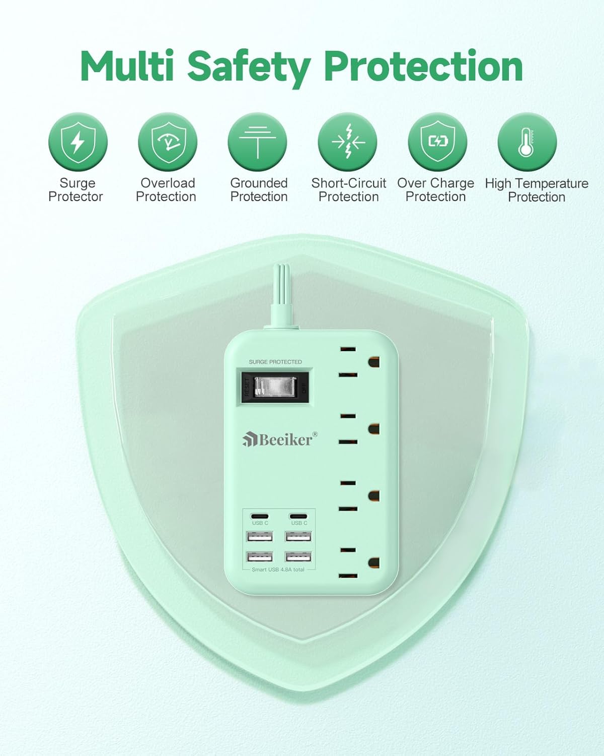 Beeiker 6 5Ft 4.8A 2 4 24W USB Green Travel Power Strip- Green Extension Cord with USB C Charging Station and Outlets